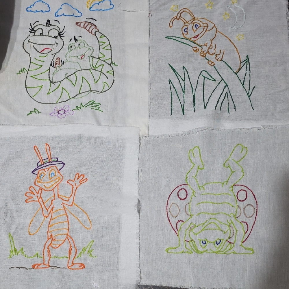 14 Embroidered Cartoon Animal Fabric Squares Compleyed Approx. 12" X 12"